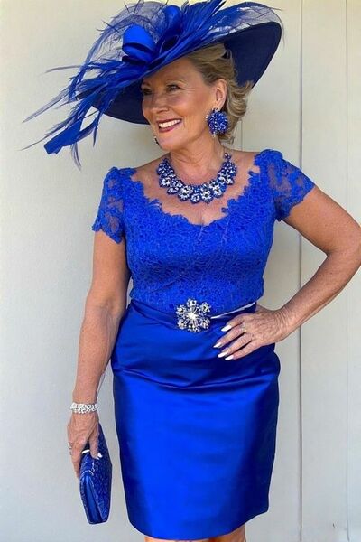 Plus Size Royal Blue Lace Tea-length Mother of Bride/Groom Dress Evening Formal Gowns 