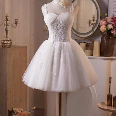 White tulle lace short a-line prom party dress - Thumbnail 1