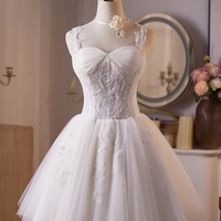 White Tulle Lace Short A-Line Prom Party Dress - Thumbnail 4