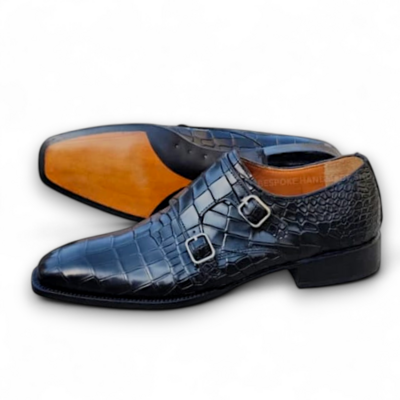 Crafted Leather Classic Handmade Men Black Crocodile/Alligator Texture Leather Dress Shoes