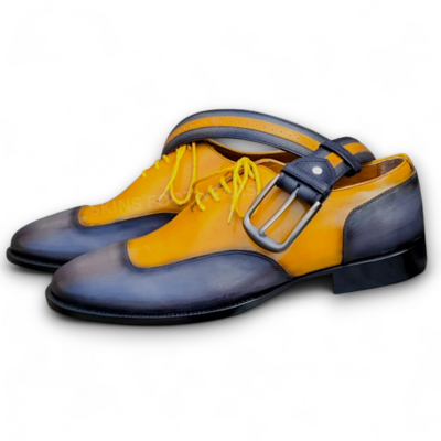 Crafted Leather Classic Gray Yellow Leather Dress Shoes With Matching Belt