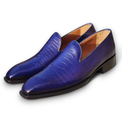Crafted Leather Classic Handmade Men Blue Crocodile Texture Leather Moccasin Loafers Dress Shoes