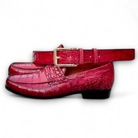 Crafted Leather Classic Red Crocodile/Alligator  Texture Leather Loafers Dress Shoes - Thumbnail 3