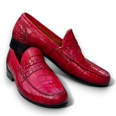 Crafted Leather Classic Red Crocodile/Alligator  Texture Leather Loafers Dress Shoes