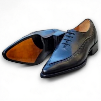 Crafted leather men’s classic black leather pointed toe wing tip oxford lace up dress shoes - Thumbnail 1