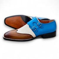 Crafted Leather Men’s Classic Tri Tone Leather Blue/White/Brown Wing Tip Monk Strap Dress Shoes - Thumbnail 1