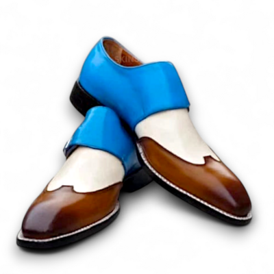 Crafted leather men’s classic tri tone leather blue/white/brown wing tip monk strap dress shoes - Thumbnail 1