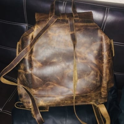 Crafted leather brown shaded leather travel school backpack laptop canvas backpack