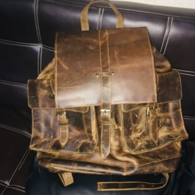 Crafted leather brown shaded leather travel school backpack laptop canvas backpack - Thumbnail 1