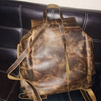 Crafted Leather Brown Shaded Leather Travel School Backpack Laptop Canvas Backpack - Thumbnail 2