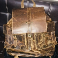 Crafted Leather Brown Shaded Leather Travel School Backpack Laptop Canvas Backpack - Thumbnail 3