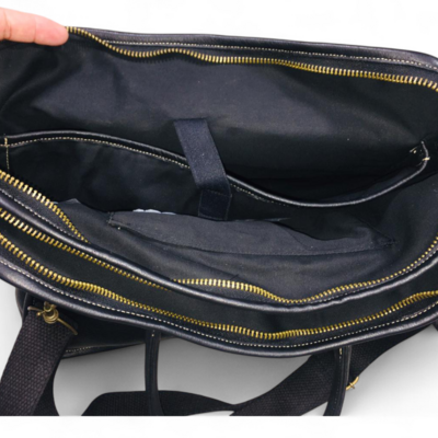 Crafted leather black leather dual zip laptop bag 