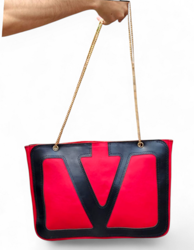 Crafted Leather Black / Red V Logo Shopping Bag