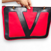 Crafted Leather Black / Red V Logo Shopping Bag - Thumbnail 6