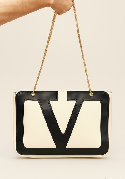 Crafted Leather Classic and Luxury Design Black / Butter White V Logo Shopping Bag For Women