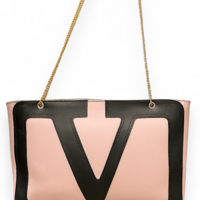 Crafted Leather Classic and Luxury Design Black / Butter White V Logo Shopping Bag For Women - Thumbnail 1
