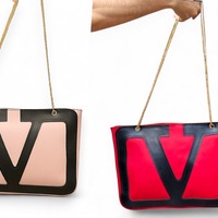 Crafted Leather Classic and Luxury Design Black / Butter White V Logo Shopping Bag For Women - Thumbnail 4