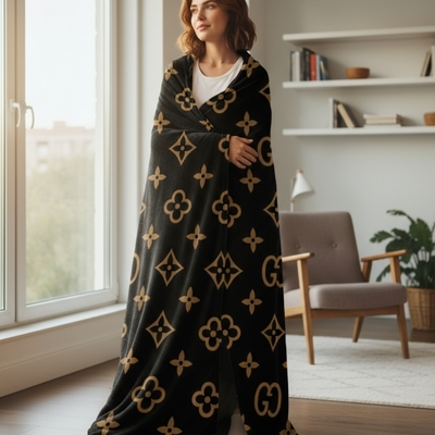 Black and gold designer style luxury pattern plush fleece throw blanket