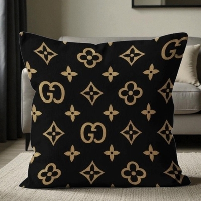 Luxury black and gold monogram throw pillow, designer-style elegant 