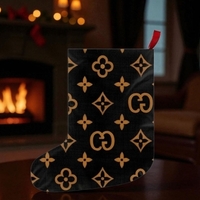Luxury Black and Gold Monogram Christmas Stocking, Designer-Style Pattern Holiday Decor DS - Thumbnail 2