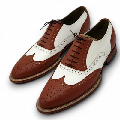 Crafted leather men’s classic brown white leather formal oxford wingtip lace up dress shoes - Thumbnail 1