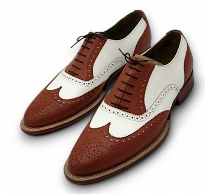 Crafted Leather Men’s Classic Brown White Leather Formal Oxford Wingtip Lace up Dress Shoes