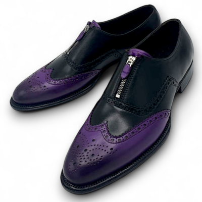Crafted leather men’s handmade two tone purple and black leather lace up oxford brogues front zip style shoe - Thumbnail 1