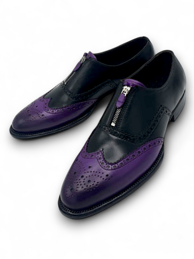Crafted Leather Men’s Handmade Two tone Purple and black leather lace up Oxford brogues front zip style shoe