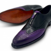 Crafted Leather Men’s Handmade Two tone Purple and black leather lace up Oxford brogues front zip style shoe - Thumbnail 1
