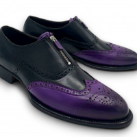 Crafted Leather Men’s Handmade Two tone Purple and black leather lace up Oxford brogues front zip style shoe - Thumbnail 2