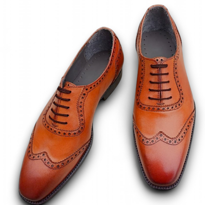 Crafted leather men’s handmade brown leather wingtip oxford lace up dress shoes - Thumbnail 1