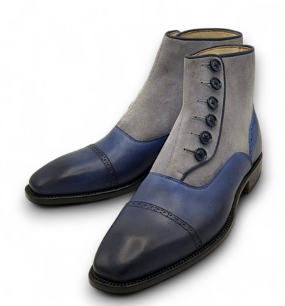 Crafted Leather Men’s Classic Blue Gray Suede Leather Button Ankle High Boot