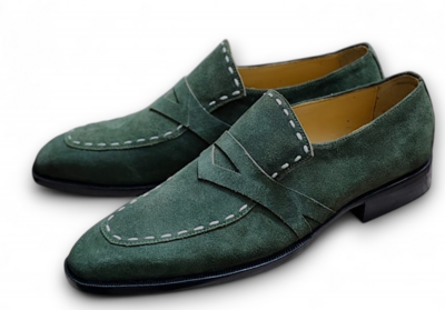 Crafted Leather Men’s Green Suede Leather Moccasin Loafers Dress Shoes