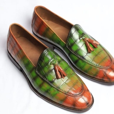 Crafted leather men’s handmade green patina crocodile leather tassel loafers dress shoes - Thumbnail 1