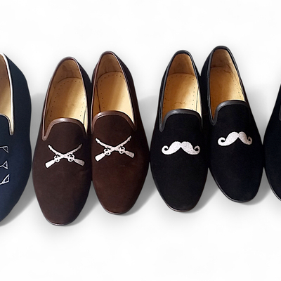 Crafted leather step into elegance with our velvet embroidered loafers, available in black, blue, and brown where luxury meets comfort - Thumbnail 1