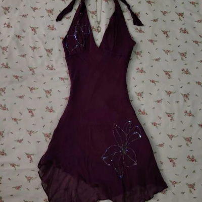 Halter dark purple chiffon short evening dress cocktail dress