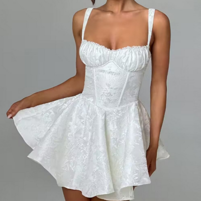 Jacquard lace splicing sling white dress