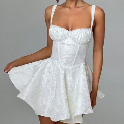 Jacquard Lace Splicing Sling White Dress