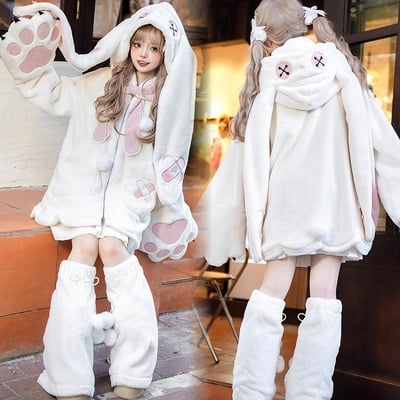 Kawaii rabbit ear zip hoodie coat | leg warmer | set - Thumbnail 1