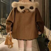 Mocha Pine Cone Woolen Hoodie Coat - Thumbnail 5