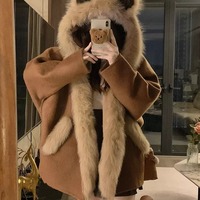 Mocha Pine Cone Woolen Hoodie Coat - Thumbnail 2