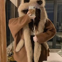 Mocha Pine Cone Woolen Hoodie Coat - Thumbnail 1