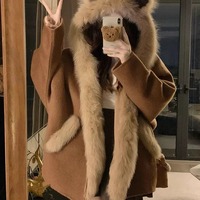 Mocha Pine Cone Woolen Hoodie Coat - Thumbnail 3