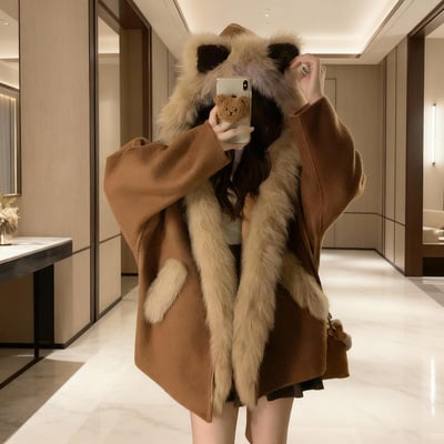 Mocha pine cone woolen hoodie coat - Thumbnail 1