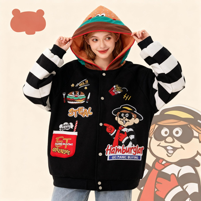 Harajuku Hamburger Embroidered Bomber Jacket