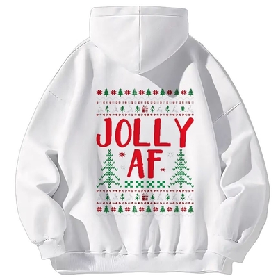 Jolly af hoodie - funny christmas ugly sweater style hoodie - holiday humor - festive unisex pullover hooded sweatshirt - white or black