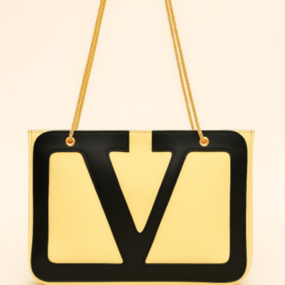 Crafted leather classic and luxury design black / yellow v logo shopping bag for women - Thumbnail 1
