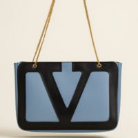 Crafted Leather Classic and Luxury Design Black / Yellow V Logo Shopping Bag For Women - Thumbnail 1