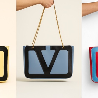 Crafted leather classic and luxury design black / yellow v logo shopping bag for women