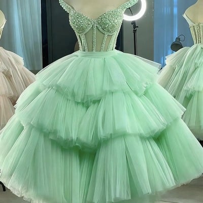 Green tea length tulle beaded party dress, charming a-line evening graduation dress - Thumbnail 1